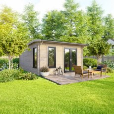 14 x 14 Powersheds Apex Log Cabin In 44mm Log Thickness with uPVC - in situ - angle view - Doors to the right