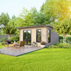 14 x 14 Powersheds Apex Log Cabin In 44mm Log Thickness with uPVC - in situ - angle view - Doors to the left