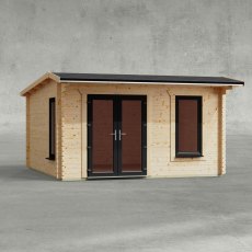 14 x 14 Powersheds Apex Log Cabin In 44mm Log Thickness with uPVC - in situ - isolated view - Doors to the left