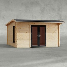 14 x 14 Powersheds Apex Log Cabin In 44mm Log Thickness with uPVC - in situ - isolated view - Doors central (no windows)
