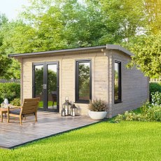Exterior shot of the 14 x 14 Powersheds 44mm apex log cabin showing the anthracite uPVC doors located on the left hand side of the building.