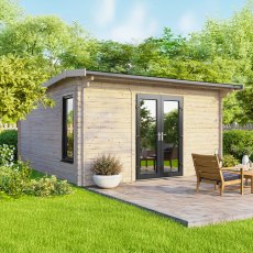Symmetrical front profile of the 14 x 14 Powersheds apex log cabin with 44mm thick logs and centrally positioned uPVC glass doors.