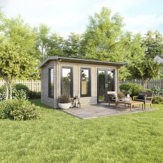 16 x 8 Powersheds Apex Log Cabin In 44mm Log Thickness with uPVC -  insitu - angle view - Doors to the right