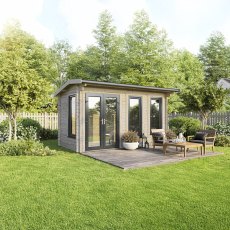 16 x 8 Powersheds Apex Log Cabin In 44mm Log Thickness with uPVC -  insitu - angle view - Doors to the left