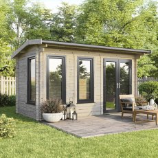 The 16 x 8 Powersheds Apex Log Cabin in 44mm log with uPVC stands in a garden with the double doors positioned on the right-hand side.