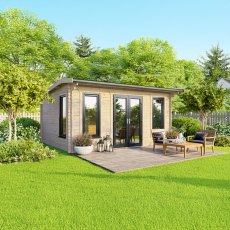 16 x 10 Powersheds Apex Log Cabin In 44mm Log Thickness with uPVC -  insitu - angle view - Doors central