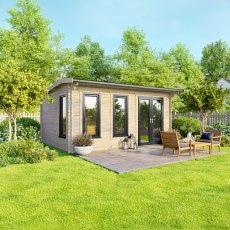 16 x 10 Powersheds Apex Log Cabin In 44mm Log Thickness with uPVC -  insitu - angle view - Doors to the right