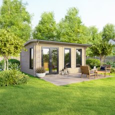 16 x 10 Powersheds Apex Log Cabin In 44mm Log Thickness with uPVC -  insitu - angle view - Doors to the left
