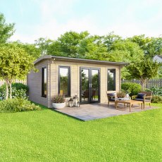 16 x 12 Powersheds Apex Log Cabin In 44mm Log Thickness with uPVC - insitu - angle view - Doors central