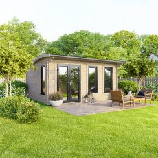 16 x 12 Powersheds Apex Log Cabin In 44mm Log Thickness with uPVC - insitu - angle view - Doors to the left