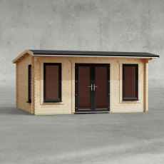 16 x 12 Powersheds Apex Log Cabin In 44mm Log Thickness with uPVC - insitu - Isolated view - Doors central