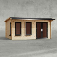 16 x 12 Powersheds Apex Log Cabin In 44mm Log Thickness with uPVC - insitu - Isolated view - Doors to the right