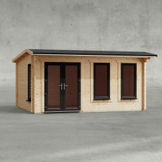 16 x 12 Powersheds Apex Log Cabin In 44mm Log Thickness with uPVC - insitu - Isolated view - Doors to the left