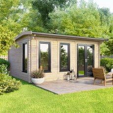 The 16 x 12 Powersheds Apex Log Cabin in 44mm log with uPVC stands in a garden with the double doors positioned on the right-hand side.