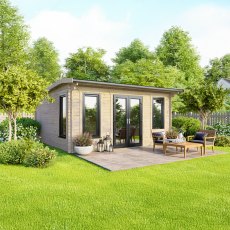 16 x 14 Powersheds Apex Log Cabin In 44mm Log Thickness with uPVC - insitu - angle view - Doors central