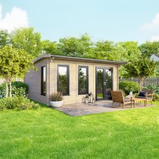 16 x 14 Powersheds Apex Log Cabin In 44mm Log Thickness with uPVC - insitu - angle view - Doors to the right