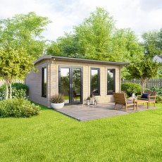 16 x 14 Powersheds Apex Log Cabin In 44mm Log Thickness with uPVC - insitu - angle view - Doors to the left