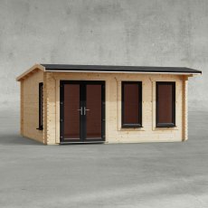 16 x 14 Powersheds Apex Log Cabin In 44mm Log Thickness with uPVC - insitu - Isolated view - Doors to the left