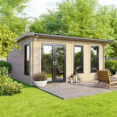 The 16 x 14 Powersheds Apex Log Cabin in 44mm log with uPVC stands in a garden with the double doors positioned on the left-hand side.