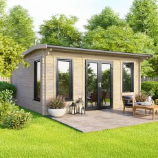 The 16 x 14 Powersheds Apex Log Cabin in 44mm log with uPVC situated in a garden with the doors located in the centre of the apex front.