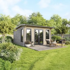 16 x 16 Powersheds Apex Log Cabin In 44mm Log Thickness with uPVC -  insitu - angle view - Doors central