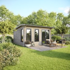 16 x 16 Powersheds Apex Log Cabin In 44mm Log Thickness with uPVC -  insitu - angle view - Doors to the right