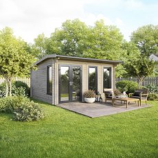 16 x 16 Powersheds Apex Log Cabin In 44mm Log Thickness with uPVC -  insitu - angle view - Doors to the left