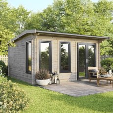 The 16 x 16 Powersheds Apex Log Cabin in 44mm log with uPVC stands in a garden with the double doors positioned on the right-hand side.