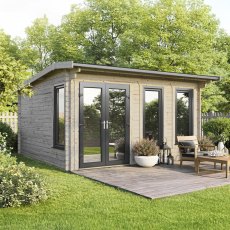 The 16 x 16 Powersheds Apex Log Cabin in 44mm log with uPVC stands in a garden with the double doors positioned on the left-hand side.