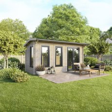 18 x 8 Powersheds Apex Log Cabin In 44mm Log Thickness with uPVC -  insitu - angle view - Doors to the right