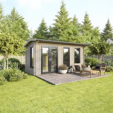 18 x 8 Powersheds Apex Log Cabin In 44mm Log Thickness with uPVC -  insitu - angle view - Doors to the left