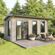 The 18 x 8 Powersheds Apex Log Cabin in 44mm log with uPVC stands in a garden with the double doors positioned on the left-hand side.