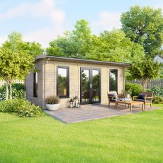 18 x 10 Powersheds Apex Log Cabin In 44mm Log Thickness with uPVC -  insitu - angle view - Doors central