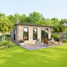 18 x 10 Powersheds Apex Log Cabin In 44mm Log Thickness with uPVC -  insitu - angle view - Doors to the right