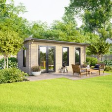 18 x 10 Powersheds Apex Log Cabin In 44mm Log Thickness with uPVC -  insitu - angle view - Doors to the left