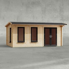 18 x 10 Powersheds Apex Log Cabin In 44mm Log Thickness with uPVC -  insitu - Isolated view - Doors to the right