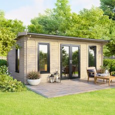 The 18 x 10 Powersheds Apex Log Cabin in 44mm log with uPVC situated in a garden with the doors located in the centre of the apex front.