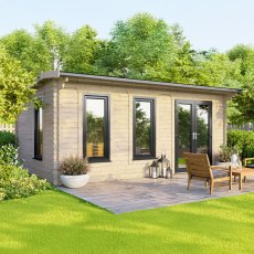 The 18 x 10 Powersheds Apex Log Cabin in 44mm log with uPVC stands in a garden with the double doors positioned on the right-hand side.