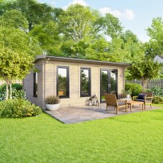 18 x 12 Powersheds Apex Log Cabin In 44mm Log Thickness with uPVC -  insitu - angle view - Doors to the right