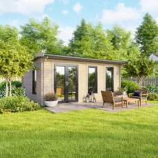 18 x 12 Powersheds Apex Log Cabin In 44mm Log Thickness with uPVC -  insitu - angle view - Doors to the left