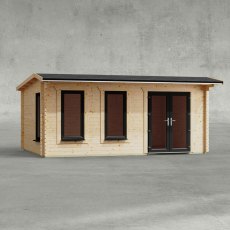 18 x 12 Powersheds Apex Log Cabin In 44mm Log Thickness with uPVC -  insitu - Isolated view - Doors to the right