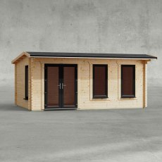 18 x 12 Powersheds Apex Log Cabin In 44mm Log Thickness with uPVC -  insitu - Isolated view - Doors to the left