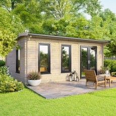 The 18 x 12 Powersheds Apex Log Cabin in 44mm log with uPVC stands in a garden with the double doors positioned on the right-hand side.