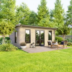 18 x 14 Powersheds Apex Log Cabin In 44mm Log Thickness with uPVC -  insitu - angle view - Doors central