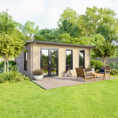 18 x 14 Powersheds Apex Log Cabin In 44mm Log Thickness with uPVC -  insitu - angle view - Doors to the left