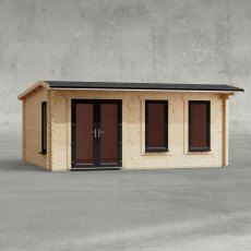 18 x 14 Powersheds Apex Log Cabin In 44mm Log Thickness with uPVC -  insitu - Isolated view - Doors to the left