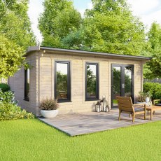 The 18 x 14 Powersheds Apex Log Cabin in 44mm log with uPVC stands in a garden with the double doors positioned on the right-hand side.