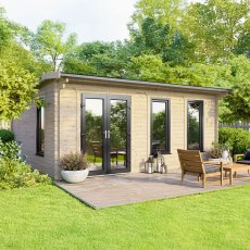 The 18 x 14 Powersheds Apex Log Cabin in 44mm log with uPVC stands in a garden with the double doors positioned on the left-hand side.