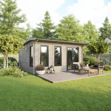 18 x 16 Powersheds Apex Log Cabin In 44mm Log Thickness with uPVC -  insitu - angle view - Doors to the right