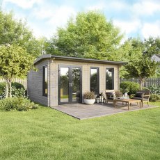 18 x 16 Powersheds Apex Log Cabin In 44mm Log Thickness with uPVC -  insitu - angle view - Doors to the left